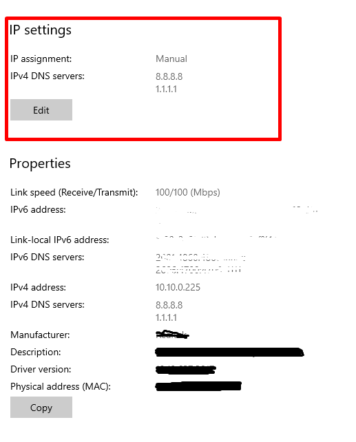 IP Settings for DNS